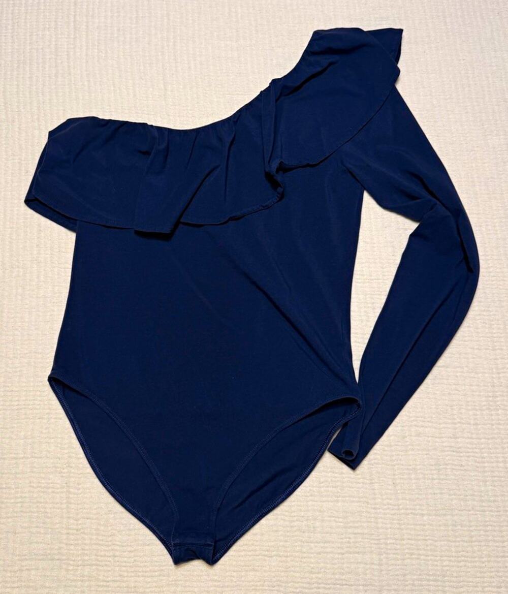 Lilly Pulitzer Blue Ruffle Asymmetrical One Long Sleeve Bodysuit Women’s M